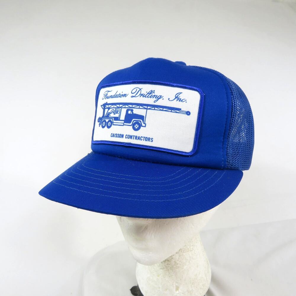Foundation Drilling Trucker Hat, Mesh Blue White, Snapback 1980s